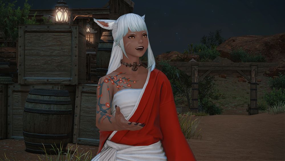 white haired catgirl wearing an inuyasha inspired outfit. Her hair is in a ponytail with subtle teal highlights. She's facing slightly off camera mid conversation her hand stretched out palm side up. The background is a desert with some crates and a starry sky. 