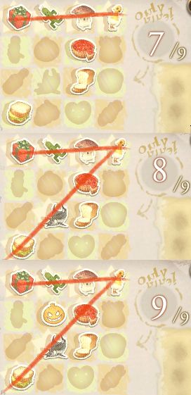 3 ffxiv screenshots of wondrous tails. The first pic shows 7/9 stickers, 1 line and the possibility of 3 lines. The second pic shows 8/9 stickers, 2 lines and the possibility of 3 lines. The third picture shows 9/9 stickers with 2 lines. A single pumpkin sticker far from where it's needed.