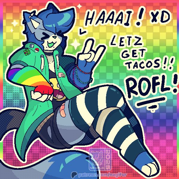 Nagi colored Blue, with green hoodie, and lot of 2000s internet references, saying "HAAAAI! Letz get tacos!! ROFL!"