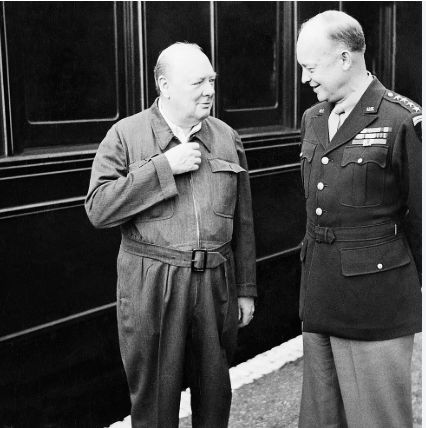 Churchill meets Eisenhower during World War ll in his 'siren suit'.  So called because it was easy to slip on when the air raid sirens went off during the blitz.