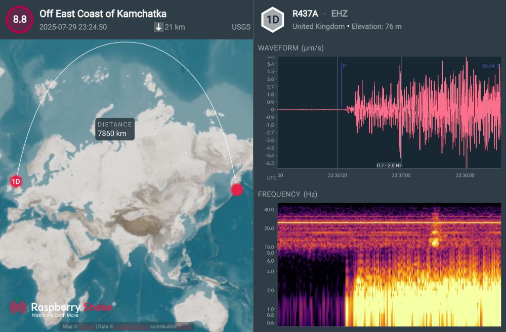Image shared from the shakenet app showing the signal from the M8.8 quake off Kamchatka arriving in Edinburgh. The spectrogram (lower right) shows that most of the energy is in the frequency range 0--5Hz.