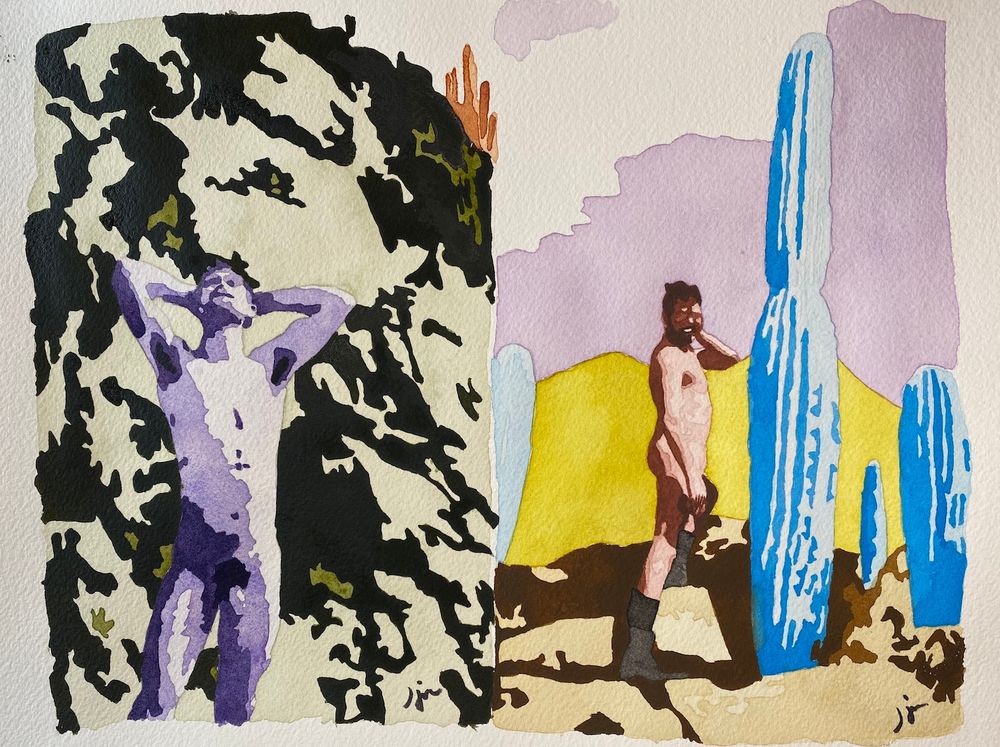 A pair of watercolors, both of nude men in the desert.