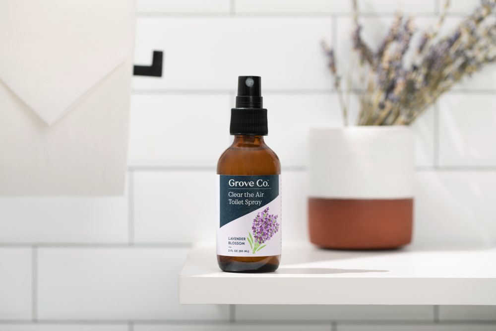 Grove Collaborative “Clear the Air” toilet spray in small glass bottles 