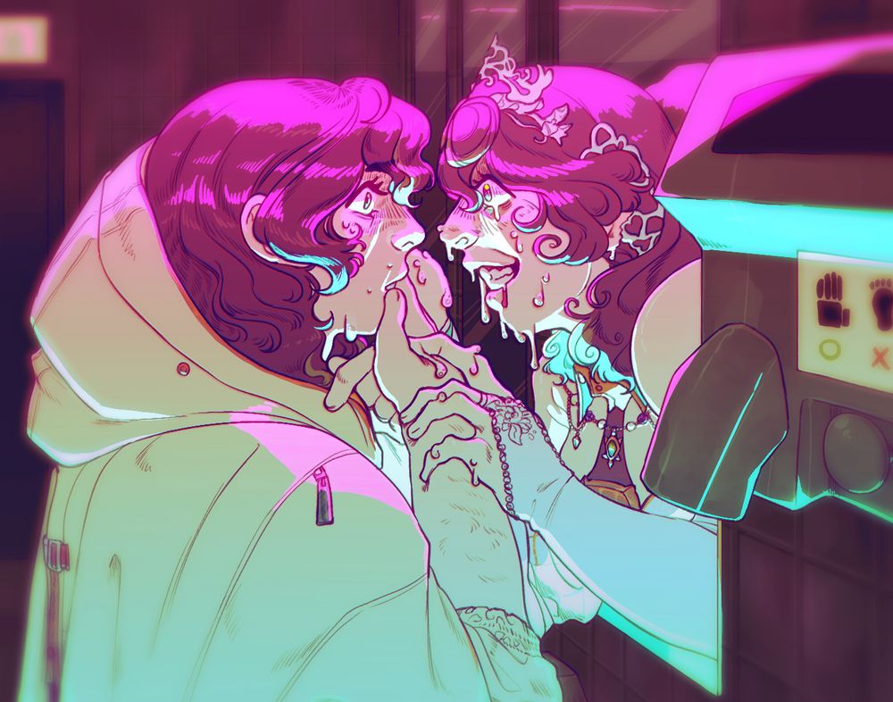 a vibrant drawing of the real sphene in a dark club bathroom looking into a mirror and being grabbed by a terrible visage of the simulant. sphene looks at the simulant with wide eyes and a horrified expression, bringing her hands close to her face. the simulant leans out of the mirror and clutches a boney hand to sphene's wrist and cradles her face while wearing a rictus grin. her face is dripping, as if she were made of wax.