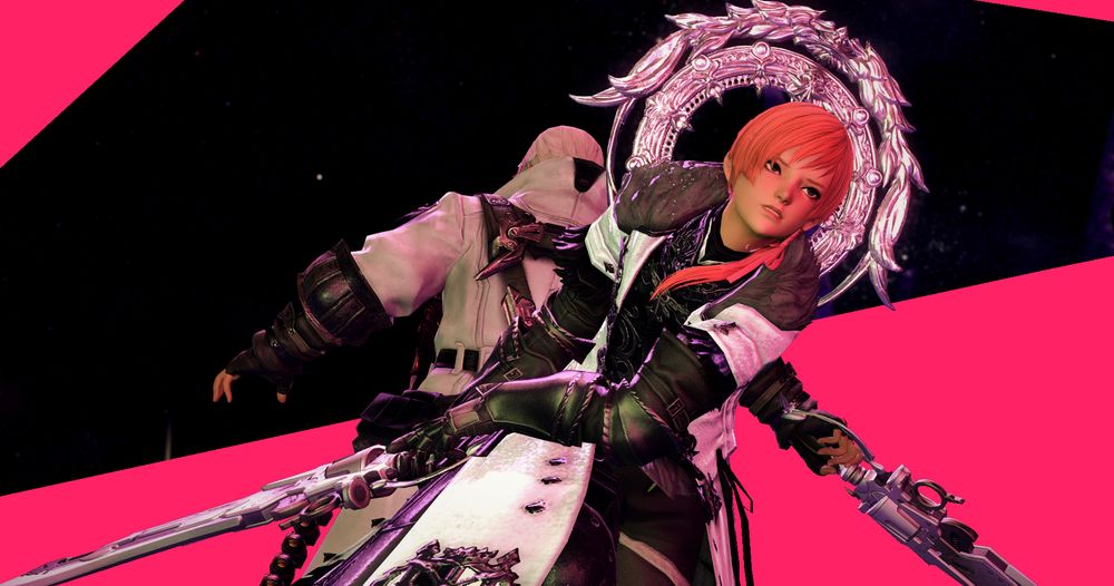 a striking gpose of ryne, a young transman, charging forward while holding his father's gunblade. there is a silver halo behind his head. behind him, his father thancred faces away while wielding the same blade. they are wearing different kinds of white coats.