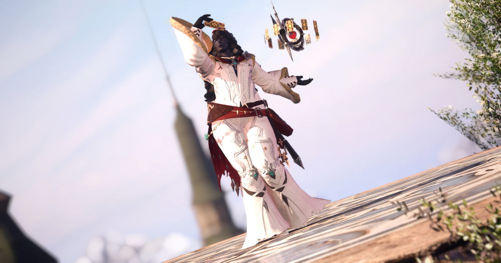 a gpose of dami (she/her) doing part of the astrologian battle stance emote. she has one hand raised dramatically while holding a card. she is wearing a matching set of white flare pants and a fur lined jacket.