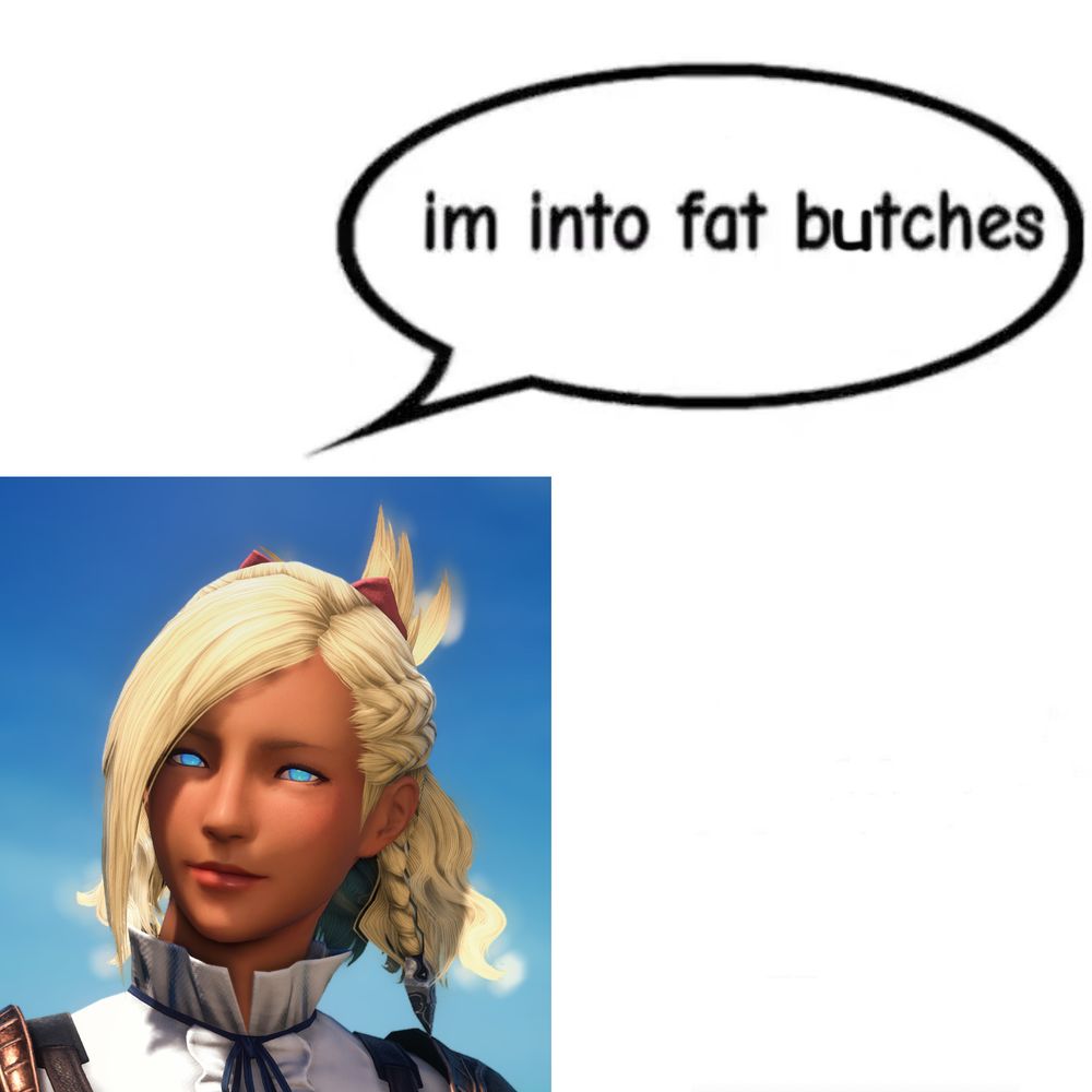 "i'm into fat bitches" meme but i edited it to have a picture of minfilia and it says "fat butches" instead