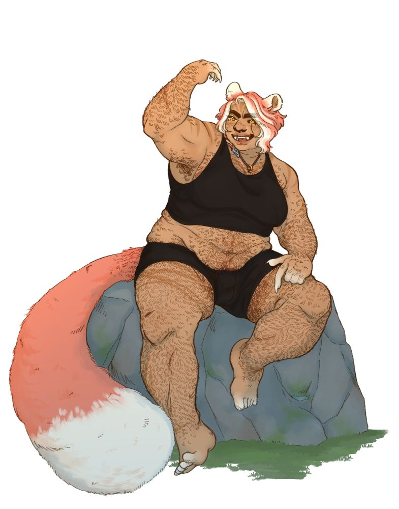 a drawing of my warrior of light, A'vaya (she/he, seeker miqo'te, tan skin with darker stripe markings, bright yellow eyes, pink hair with white streaks, very hairy) sitting on a large rock casually and gesturing to someone off screen with a smile. she is wearing a cropped black tank top and matching boxer briefs. she also has a golden wedding ring on a cord around her neck.