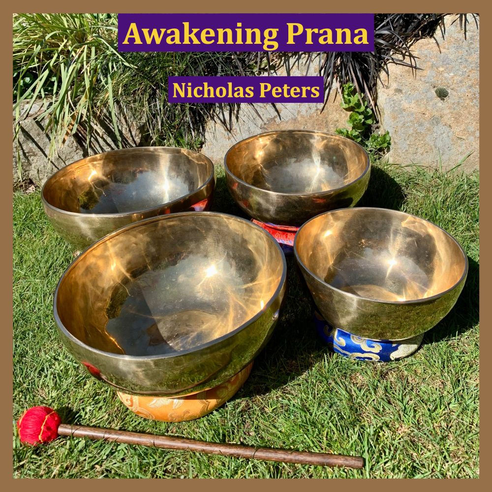 Single artwork with text that reads: “Awakening Prana by Nicholas Peters". The photograph in the artwork shows four modern Himalayan singing bowls resting on brocade cushion rings on a garden lawn. In front of the bowls is a lollipop playing mallet. Behind the bowls is a rockery with plants.

#soundtherapy #soundhealing #soundbath singing bowl #Himalayan sound healing sound therapy sound bath

Pre-save: https://bit.ly/awakeningprana 