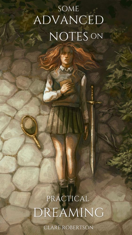 Image shows a sleeping girl with a book clutched to her chest and a sword and hand mirror by her side 