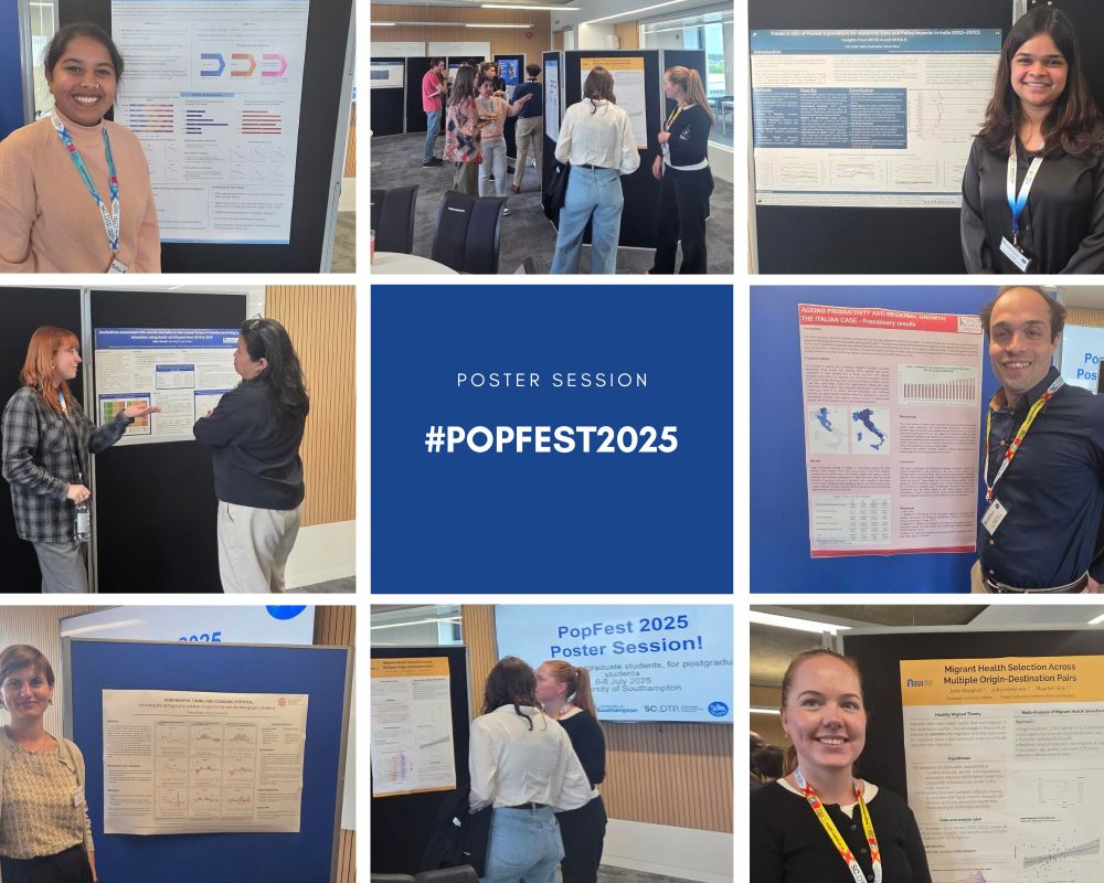 Presenters at the #PopFest2025 conference stand by their posters which they presented during the poster session on 7 July.

