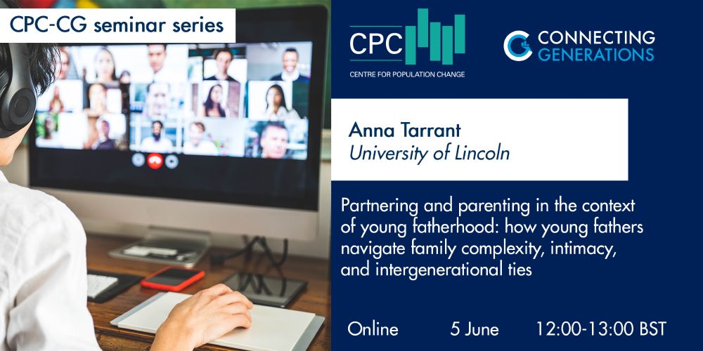 Image shows person sitting at a desk with their back to the camera, wearing headphones, their hand on a computer mouse, watching a webinar on a computer monitor. Text advertises: This CPC-CG Webinar will take place on Thursday 5 June at 12:00 UK Time. Anna Tarrant, Professor of Sociology at the University of Lincoln will be delivering a presentation entitled, "Partnering and parenting in the context of young fatherhood: how young fathers navigate family complexity, intimacy, and intergenerational ties".