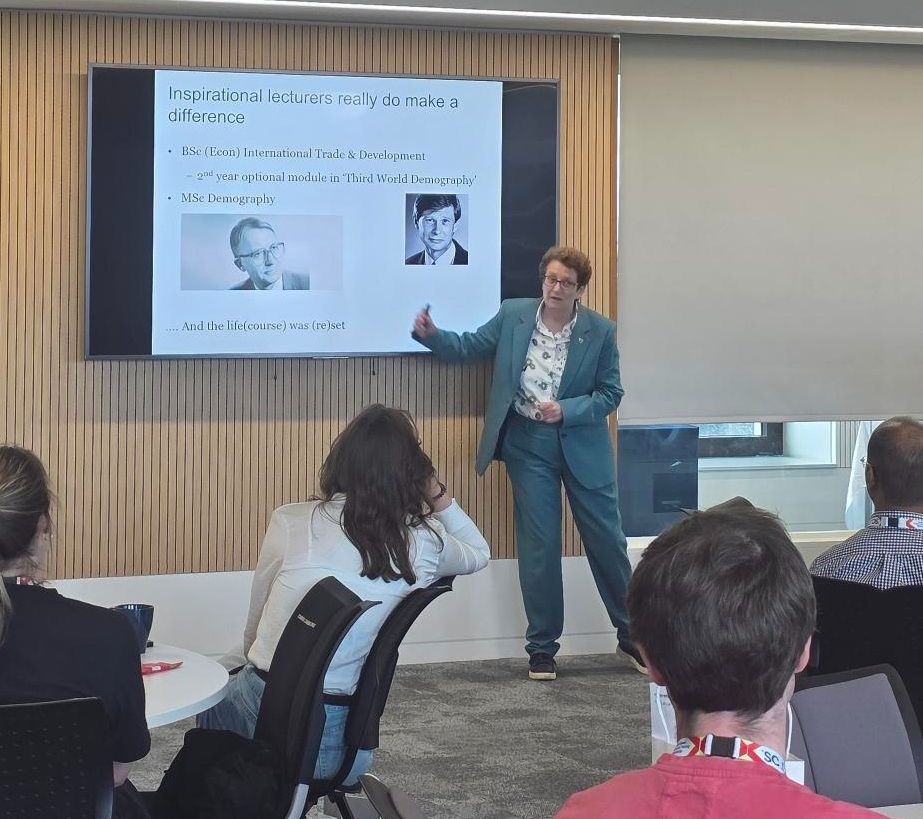 In the images, Professor Jane Falkingham stands at the front of the lecture room in front of a PowerPoint presentation about 'Lessons from the life course of a demographer' at #PopFest2025 conference at the University of Southampton.