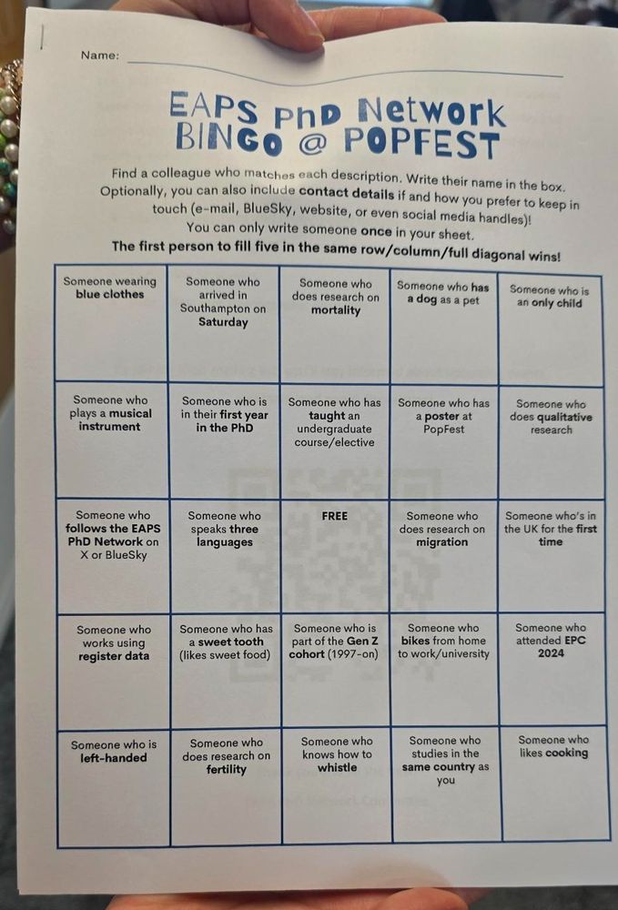 Images show delegates at #PopFest2025 taking part in the networking bingo game to meet other early career researchers of population studies