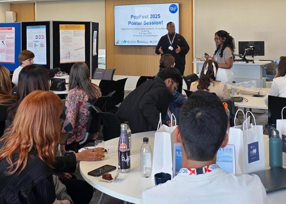 Images show delegates at #PopFest2025 taking part in the networking bingo game to meet other early career researchers of population studies