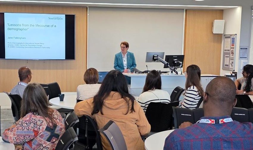 In the images, Professor Jane Falkingham stands at the front of the lecture room in front of a PowerPoint presentation about 'Lessons from the life course of a demographer' at #PopFest2025 conference at the University of Southampton.