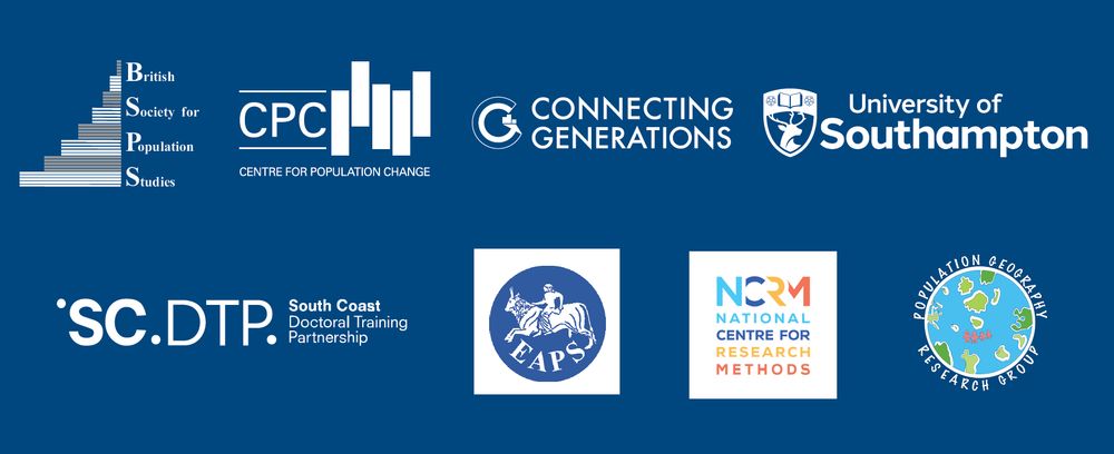 Image shows logos for the #PopFest2025 sponsors BSPS, CPC-CG, University of Southampton, SCDTP, EAPS, NCRM and the Population Geography Research Group.