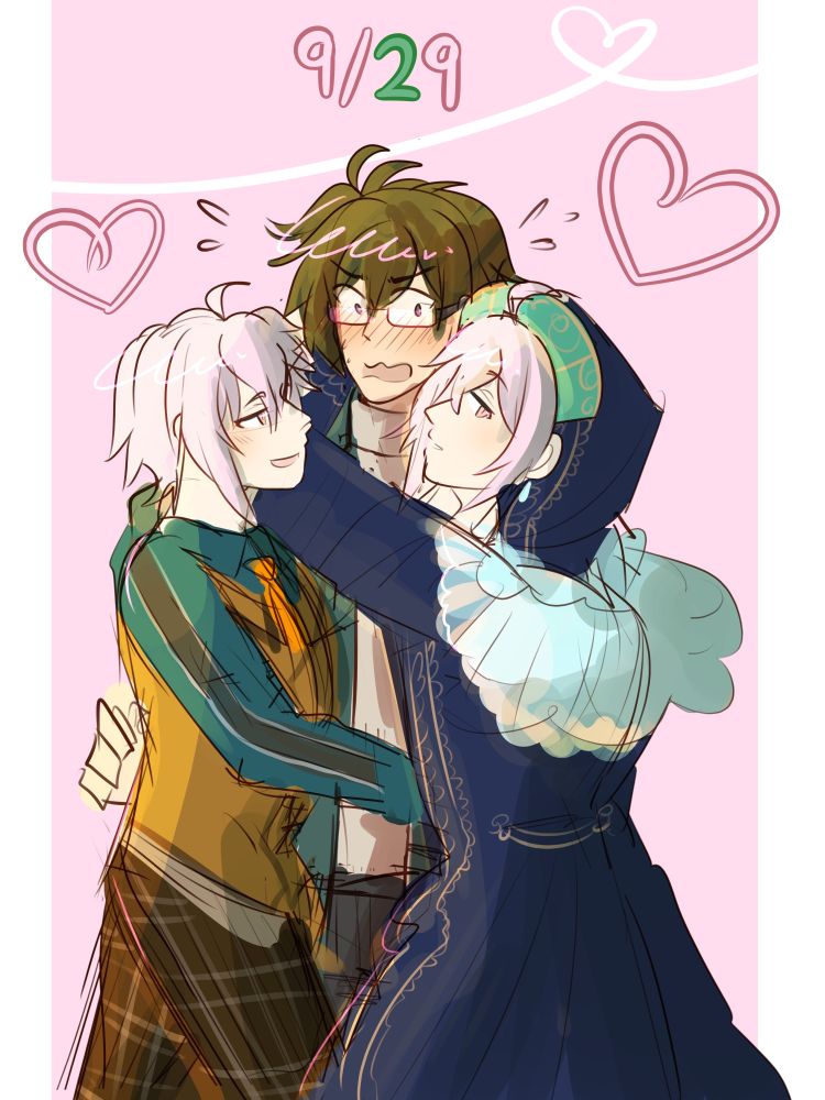 yamato and tenn from idolish7... Yamato is surrounded by not one, but TWO tenns... The Tenn on his left is in his princely Hoshimeguri outfit, and the Tenn on his right is his dandy, suit vest Broadway outfit. Both Tenns are being liberal about wrapping their arms around him; the princely Tenn wraps his arm around his neck, and the formal Tenn wraps his arm around his waist.  Yamato is quite flustered about the proximity and very red...