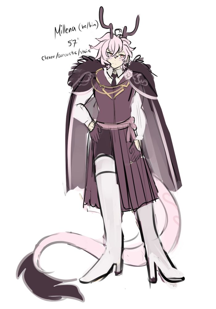 It's a pretty dragon boy! He's got short pink hair, a suitvest, a cape, and long thigh high boots. He's got a very stoic demeanor. 