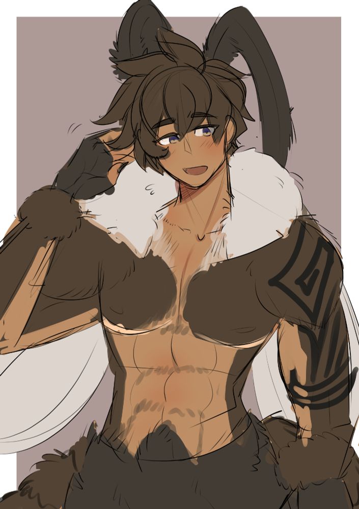 It's Buru, looking at the camera bashfully while reaching to scratch at her head. She's a handsome fluffy moth dragon lady with short brown hair, moth antennae, moth neck fluff, and a big fluffy moth tail. She has a lot of fluff and is partially monster-y in this way, with brown, fluffy markings lining her arms and chest. She has a toned abdomen and strong, fluffy arms. She also has top scars!