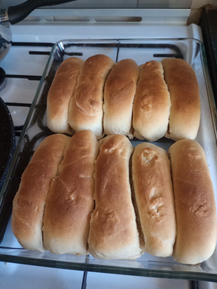A glass pan with ten homemade hot dog buns. 