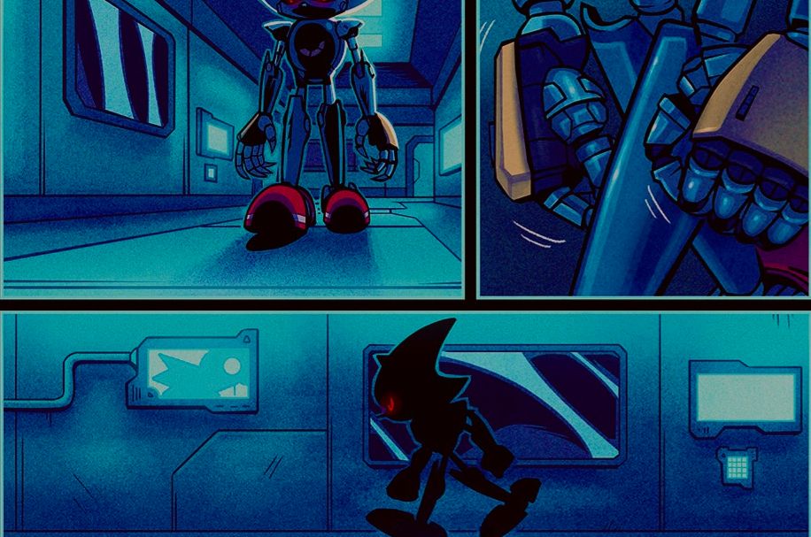 3 comic panels showing Metal Sonic walking through a hallway, visibly irritated