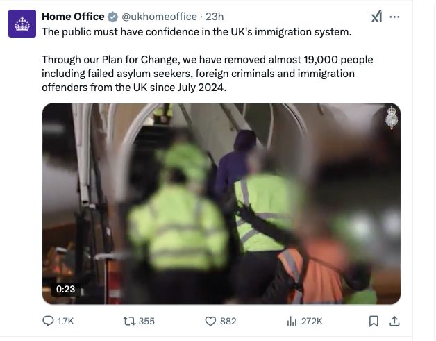 Home Office Tweet. Text says "Through our Plan for Change, we have removed almost 19,000 people including failed asylum seekers, foreign criminals and immigration offenders from the UK since July 2024."