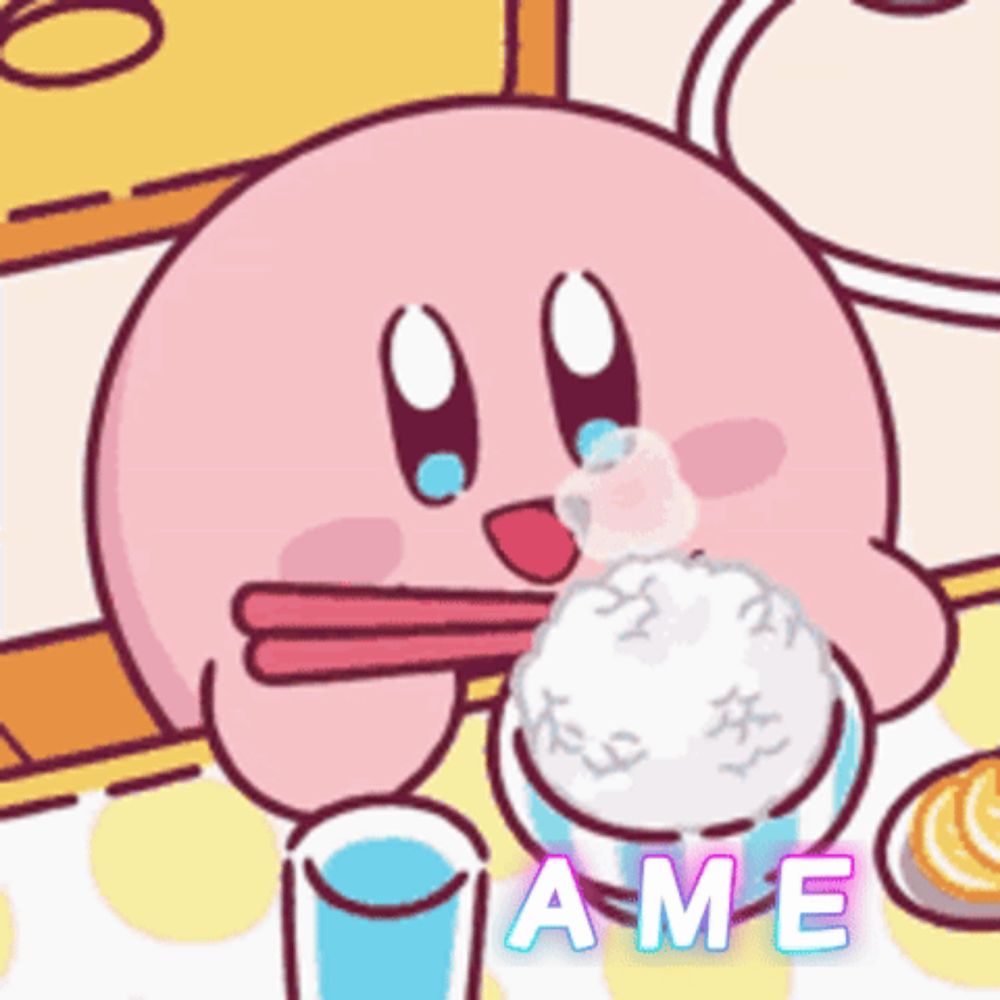 a cartoon character is eating rice with chopsticks and the word ame is visible