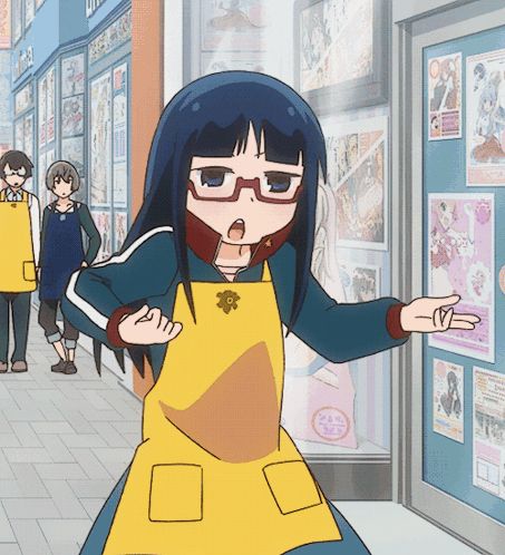 a girl in a yellow apron is standing in front of a store