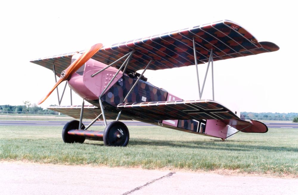 A Fokker D.VII. It has an inline engine but it is covered. The struts form a reverse-N shape.
