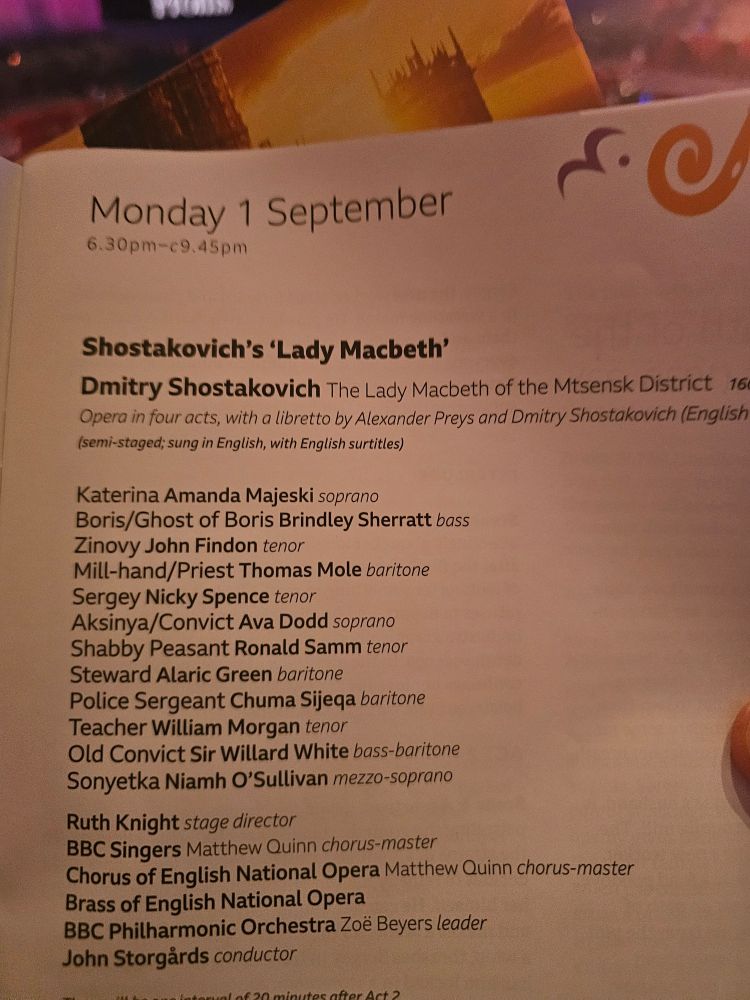 The programme for tonight's Prom performance of Shostakovich's 'Lady Macbeth'