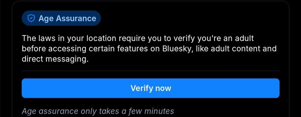 Screenshot of a warning page in BlueSky quoted "the laws in your location require you to veeify you're an adukt before accesing certain features on BlueSky, like adult content and direct messaging". 