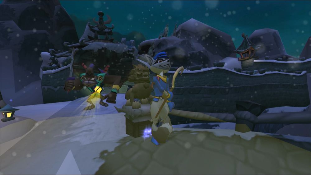 a screenshot of sly cooper hiding from a flashlight guard in sly cooper and the thievius raccoonus