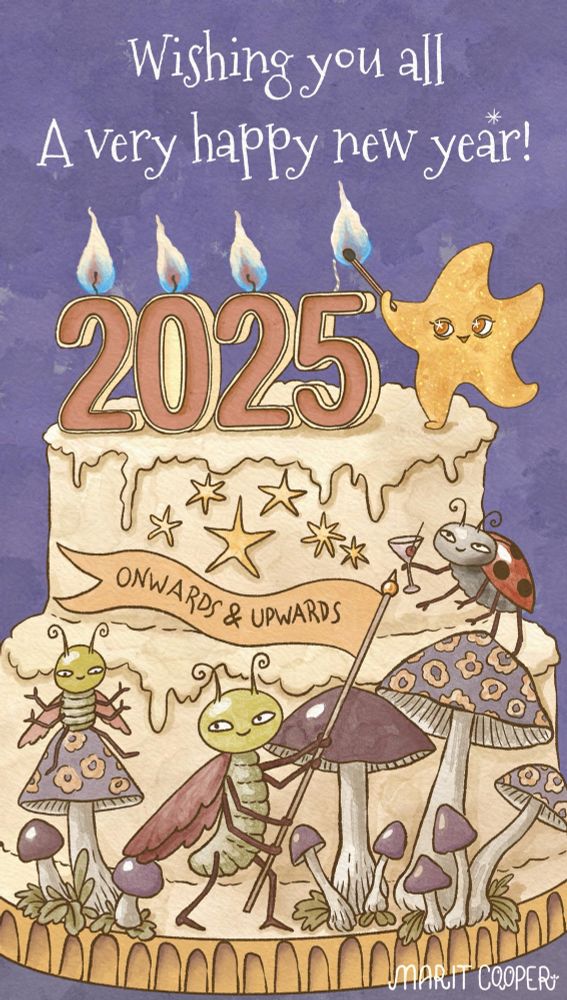 New year greeting, illustration of a cake with candles in the shape of 2025 being lit by an anthropomorphic star character. 