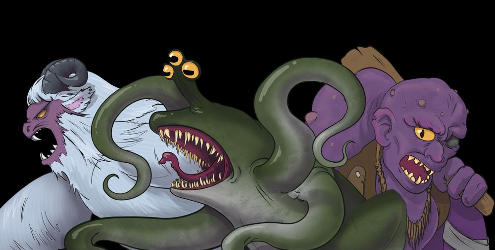 A cartoon yeti, froghemoth, and fomorian. 