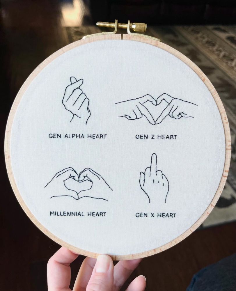 An embroidery ring with four examples of how generations make a heart with their hands. “Gen Alpha Heart” is crossed tips of an index finger and thumb. “Gen Z Heart” is made with two hands, index fingers arching to make the opposing top rounds and middle fingers touching to make the point at the bottom. “Millennial Heart” is two hands using all the fingers to make the top arches and the thumbs touching to make the point at the bottom. “Gen X Heart” is a hand flipping off the middle finger. 