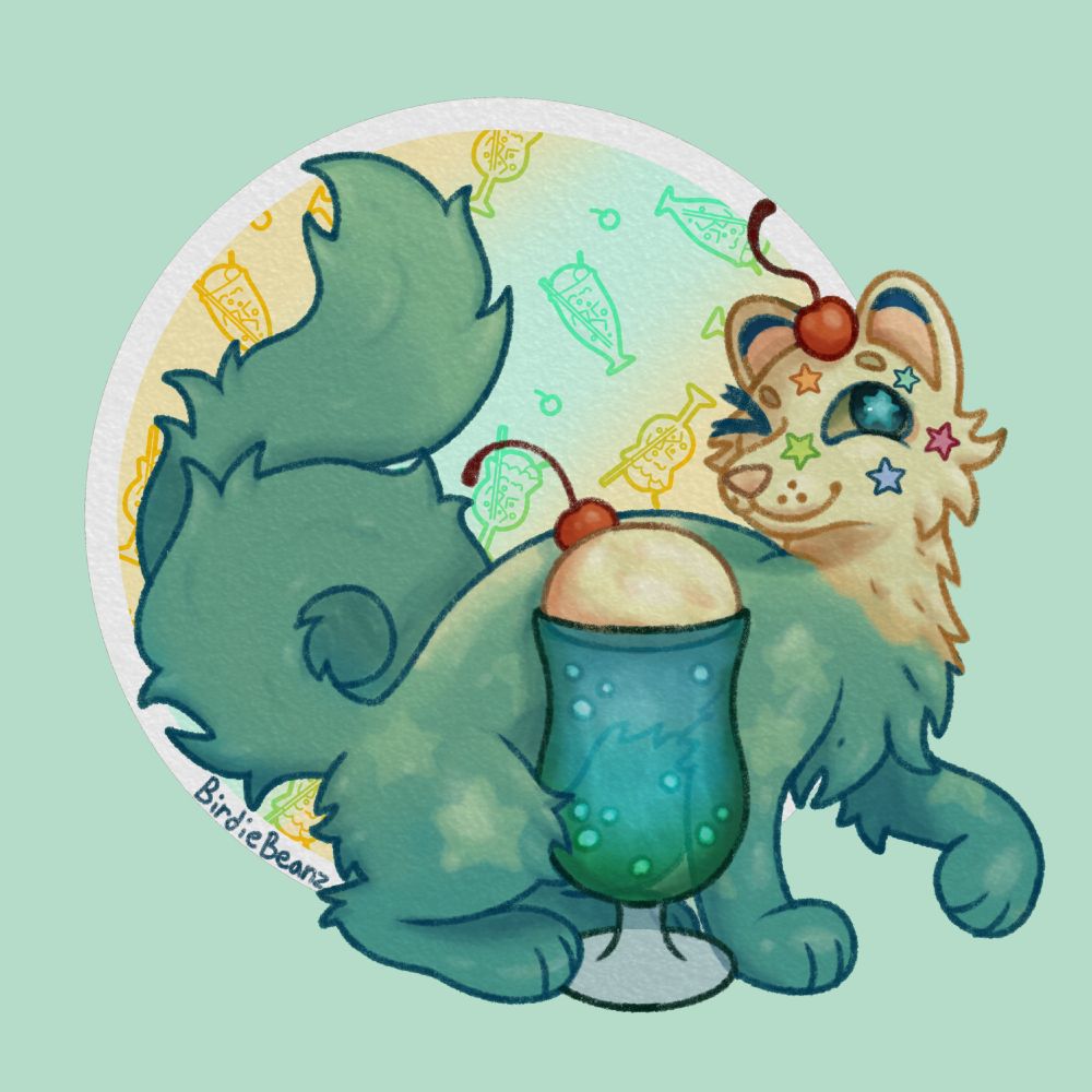 A 2D crayon/pencil stylized digital art piece of a soda float themed weasel named Fizzy, posing with a soda float on a green and yellow background.