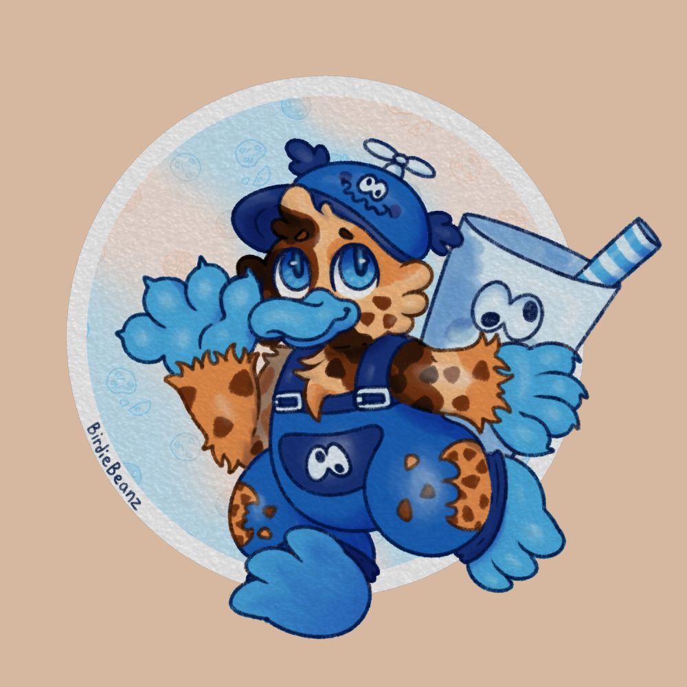 A 2D digital crayon/pencil style art piece, of a cookie monster themed Platypus character named Chippy, on a blue and cream background.