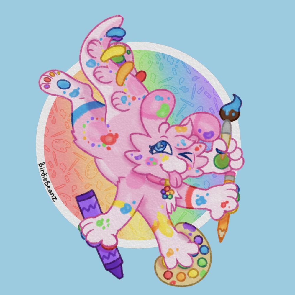 A 2D piece of art drawn digitally in crayon pencil style, of a pink Anthro caterpillar character named Polly. She is holding various art supplies while winking. The piece is set on a rainbow and blue art themed background.