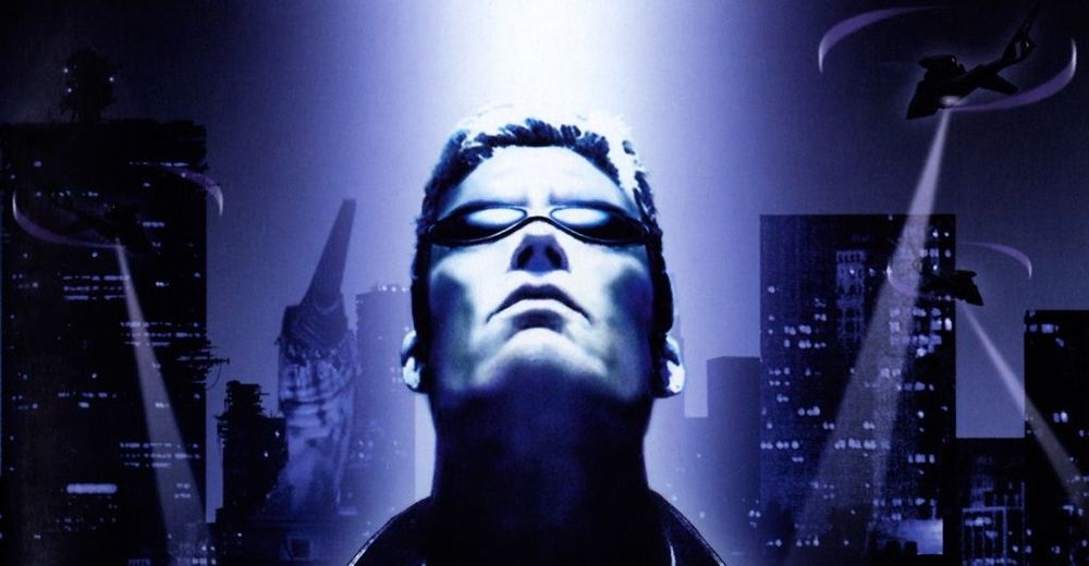 Detail portrait of J.C. Denton, character from videogame Deus Ex, looking up.