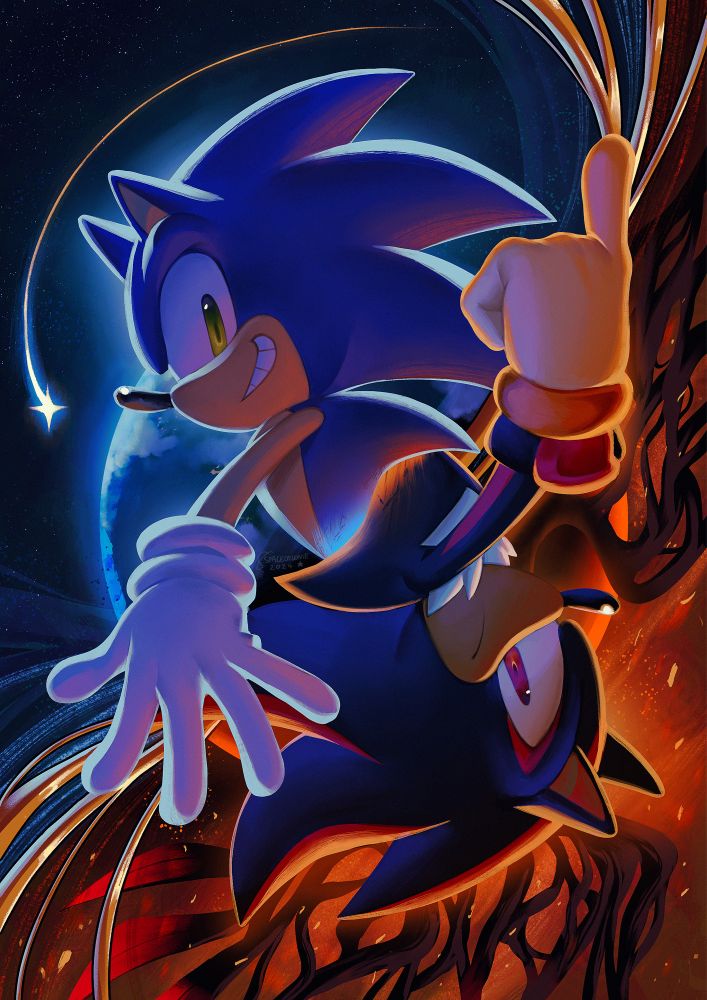 (my art) a painting of sonic and shadow in a split figure-8 composition