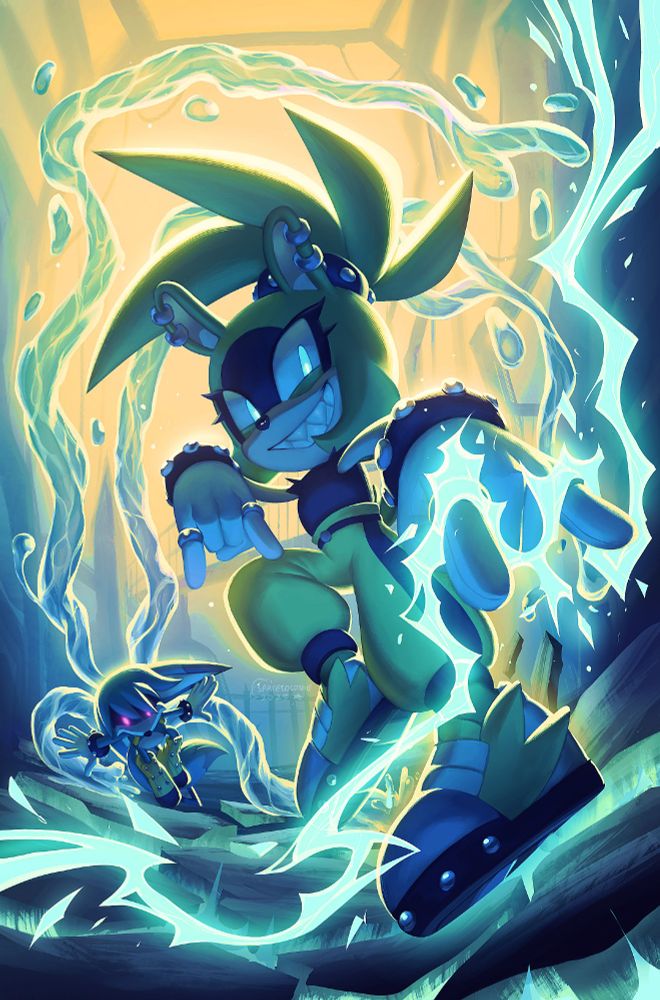 (my art) a painting of surge the tenrec and kitsunami the fennec, from IDW sonic. surge is pulling her signature pose while electricity shocks around her, with kit to the rear, water tendrils swirling up and around. the floor breaks under their feet.