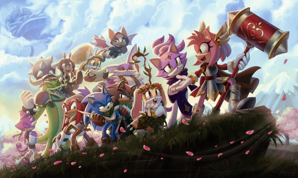 (my art) A Dungeons & Dragons themed zine spread illustration featuring a bunch of the Sonic cast. Amy is up front leading them all, dressed as a Paladin. 