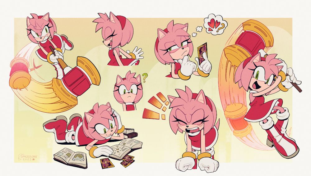 (my art) a page of drawings of Amy Rose. She's swinging her hammer, reading books, generally being cute. I enjoy her :) 