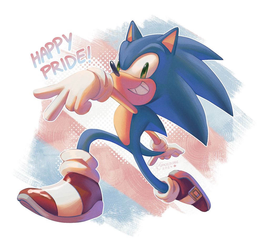 (my art) A rough painting of Sonic the Hedgehog in an action pose, with an abstract trans flag behind him. Bubble written text on the image says 'Happy Pride!'.