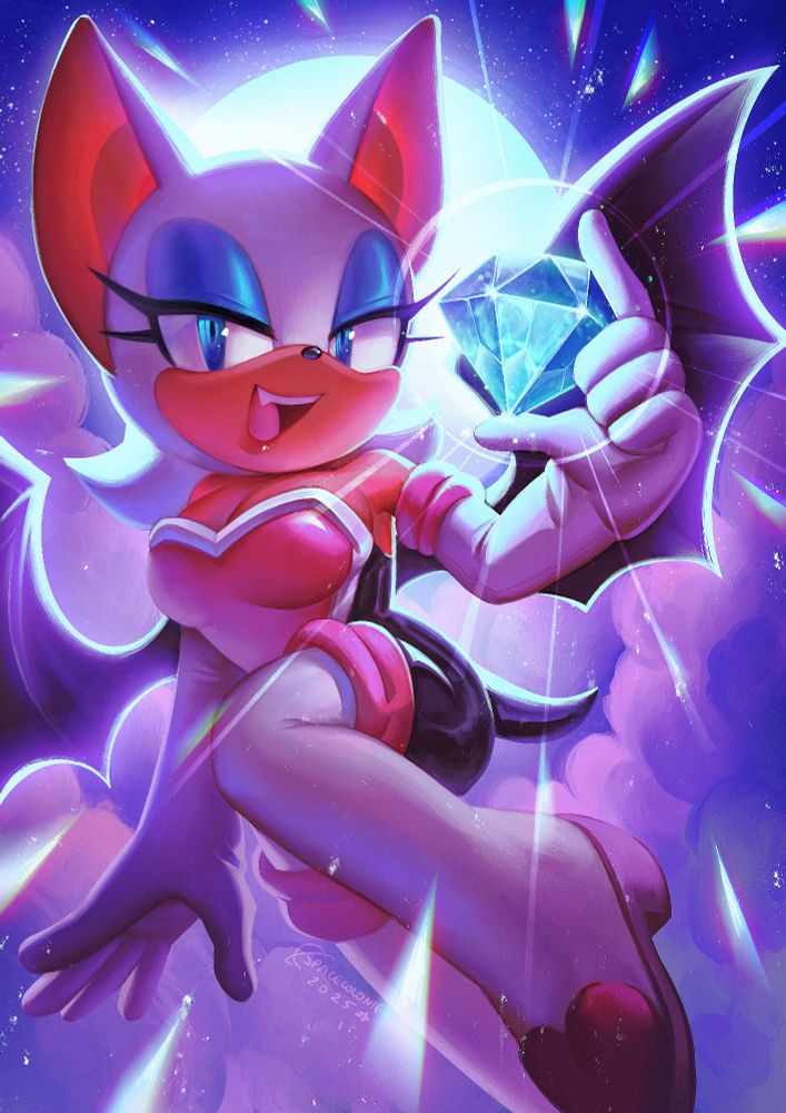 (my art) A painting of Rouge the Bat holding the cyan chaos emerald in one hand. She's flying in front of the moon, it catching the light and glimmering outwards.
