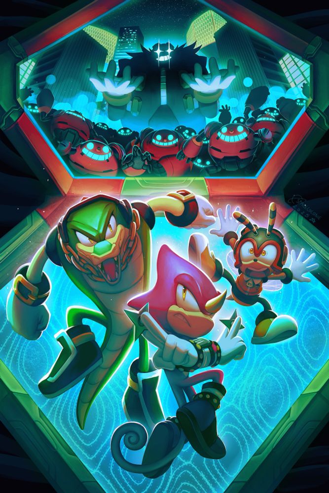 (my art) a painting of the chaotix. it’s set in grand metropolis, with framing accents themed around the stage. Eggman is above, with an army of egg pawns charging forward. Espio and Vector are readying for the fight, while Charmy is yelling. Silly baby