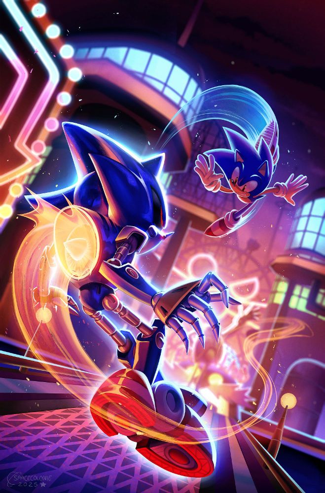 (my art) a painting of Sonic & Metal Sonic sparring in the entrance to Eggmanland. Sonic has just jumped off Metal's head and is now taunting him.