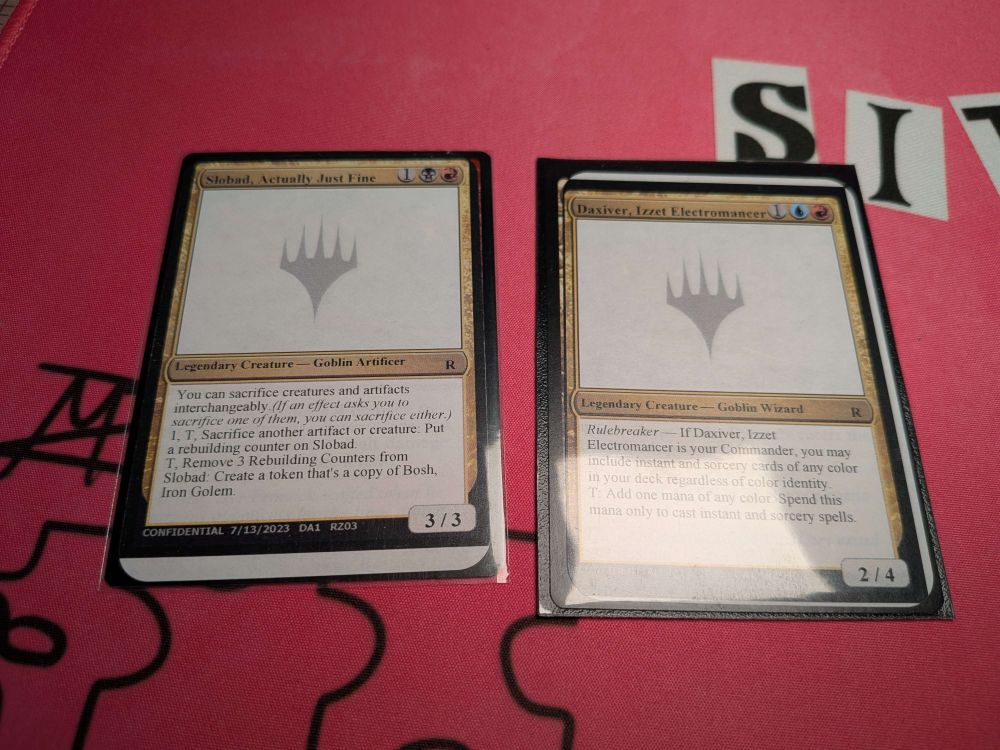 Unknown Event cards - Slobad, Actually Just Fine and Daxiver, Izzet Electromancer.