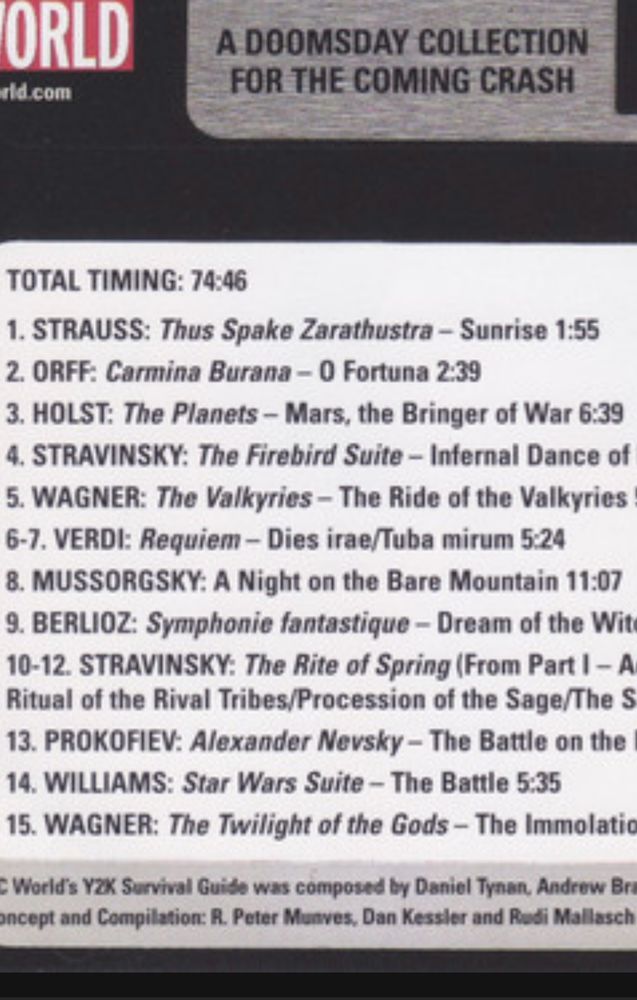 The PC World Y2K Album: A Doomsday Collection for The Coming Chaos CD jacket back cover with track listing of classical music from “ This Spake Zarathustra to… the Star Wars Suite “The Battle”?